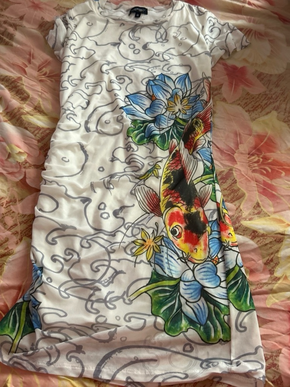 Ed Hardy White Koi & Blue Floral Asymmetrical Dress